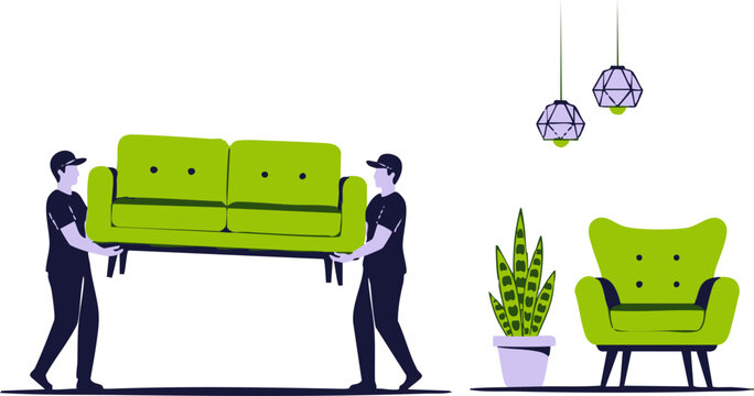 Two professional movers carry a modern green sofa across a room in this creative vector graphic.
