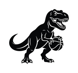 Aggressive Tyrannosaurus Rex basketball mascot vector, black and white T-Rex dinosaur sports logo, prehistoric predator playing basketball © ArsiStudio
