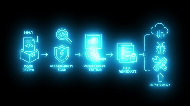 Neon-lit icons illustrating a software development process on a black background with a futuristic mood.