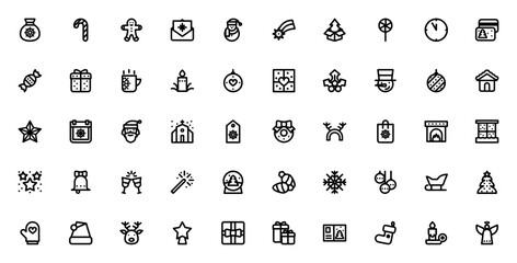 Naklejka premium Christmas icon set. Festive vector illustrations pack. Outline style icons including Santa, gifts, tree, snowman, candy cane, star and more. Holiday symbols collection.