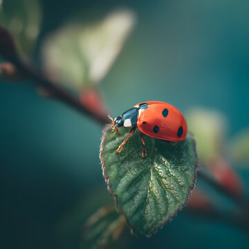 macro ladybug on leaf with soft natural light background