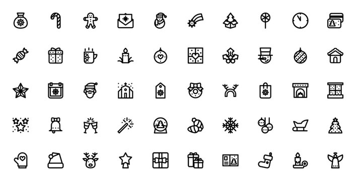 Christmas icon set. Festive vector illustrations pack. Outline style icons including Santa, gifts, tree, snowman, candy cane, star and more. Holiday symbols collection.