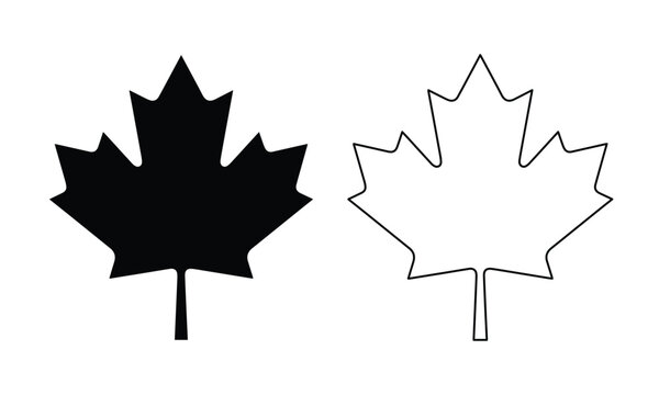 Maple leaf vector icons set, black silhouette and thin line outline maple leaf symbols, Canadian national emblem graphics for logo design and branding