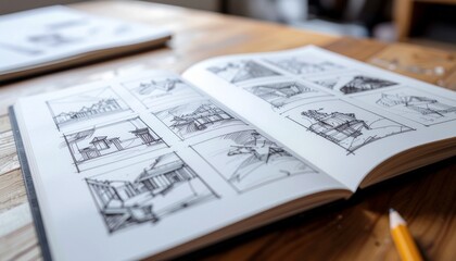 Obraz premium Storyboard Architectural Sketches in Notebook on Wooden Table