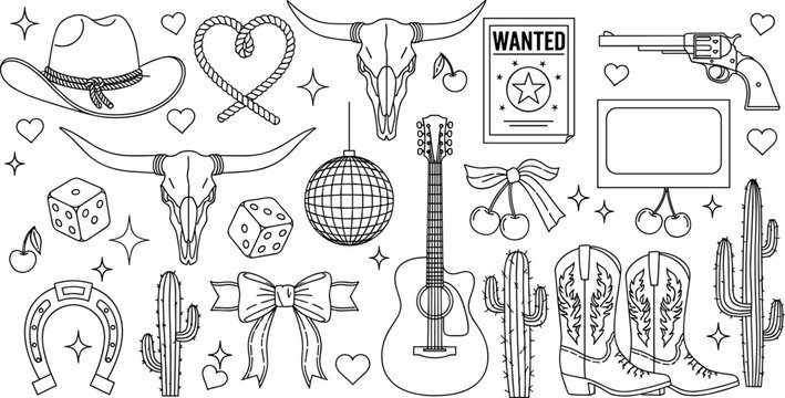 Western cowboy doodle set featuring boots hat guitar longhorn skull cactus and disco ball for country