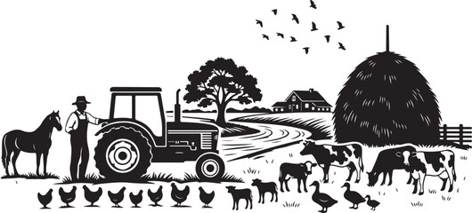 Obraz premium Farm, rural scene, tractor, animals, vector illustration, black and white, farmhouse, countryside