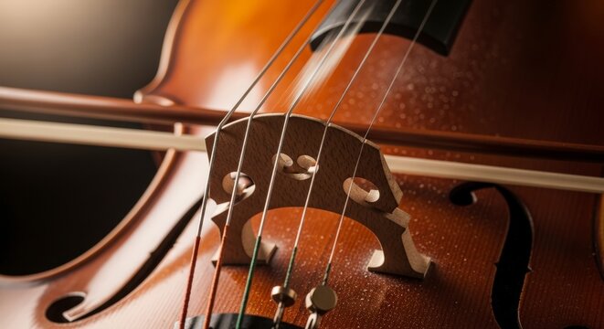 Close-up of violin strings and tuning pegs.