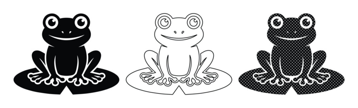 Minimalist frog icons on lily pads, set of 3 black and white toad vectors, cute animal silhouettes