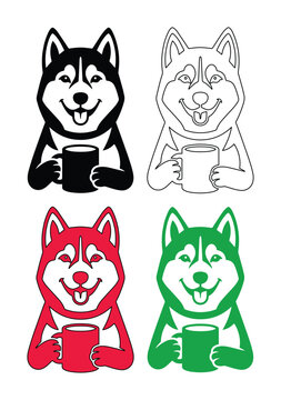 Husky dog mascot holding coffee mug, 4 cute husky vector icons, sled dog pet logo set