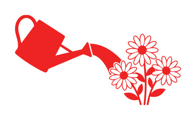 Red watering can icon, gardening flowers vector illustration, spring plant care graphic © ArsiStudio