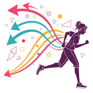 Woman runner with arrows and abstract shapes.