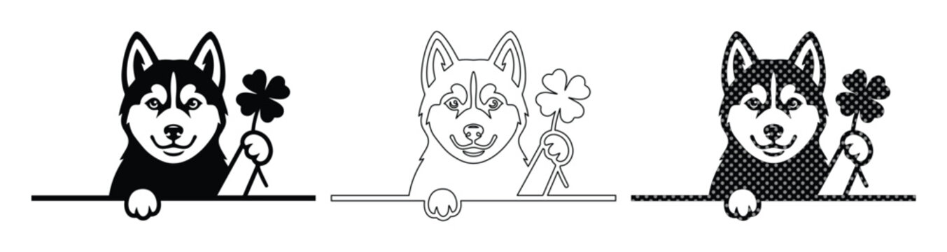 Siberian Husky dog holding four leaf clover, lucky puppy peeking set, 3 black and white vectors