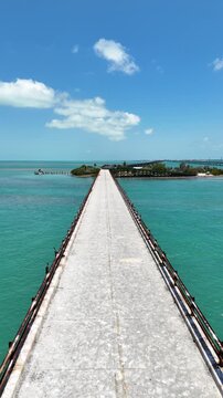 Aerial view flying over the old seven mile bridge towards Pigeon Key in Monroe County, Florida.