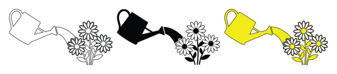 Watering can and flowers vector icons, garden watering pot set, floral care illustration © ArsiStudio
