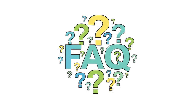 A large, colorful arrangement of question marks and the letters FAQ form a cluster