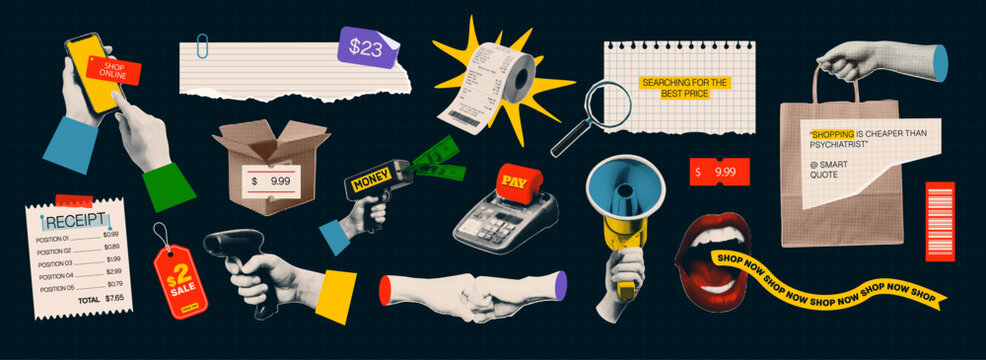 Trendy shopping halftone collage elements set in retro pop art style. Collection includes hands holding smartphone, megaphone, receipt, shopping bag, price tags. Shopping and buying concept.