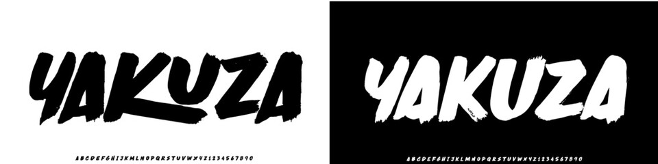 Yakuza Lettering font isolated on black background. Texture alphabet in street art and graffiti style. Grunge and dirty effect. Vector brush letters. © krincing 