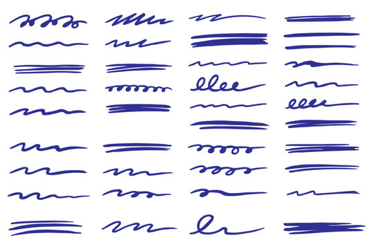 Line color brush underline set. Line underline brush hand drawn pen marker strokeswoosh, squiggle shape..Doodle scribble wavy wave highlight handwriting ink shape background. Vector illustration