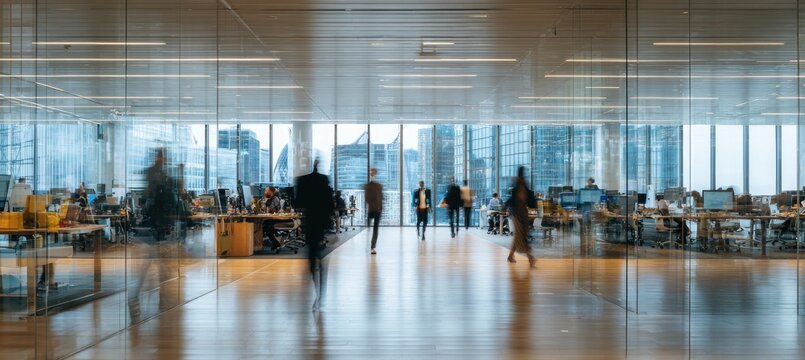 Blurred figures walk through a modern, glass-walled office with city views