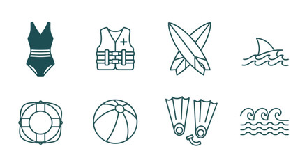 Set of Isolated Summer Beach Vacation Icons for Travel and Recreation Including Swimsuit Life Vest Surfboards Shark Fin Lifebuoy Beach Ball and Flippers © Afi