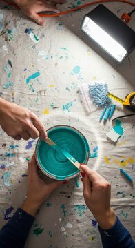 Hands mixing paint colors on table.