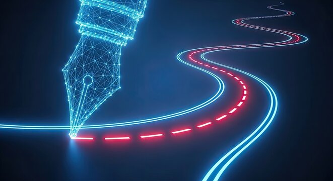A meticulous blue wireframe fountain pen nib creates a winding path of glowing dashed lines across a dark digital landscape under soft ambient lighting.