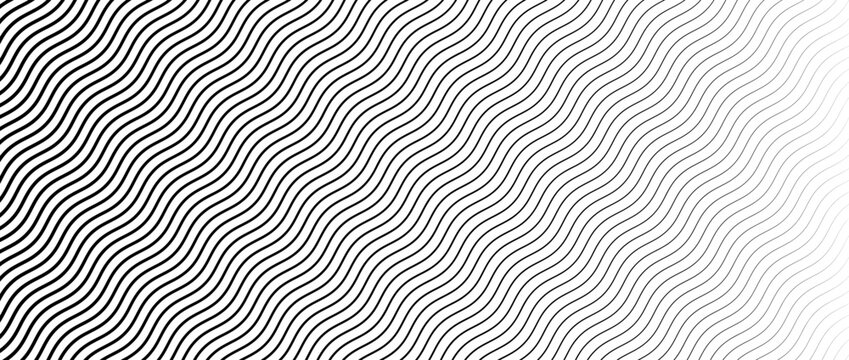 Black diagonal wave texture gradient. Wavy line pattern wallpaper. Fading curved linear halftone gradation. Thin to thick undulate stripe background for overlay, print, cover, graphic design. Vector
