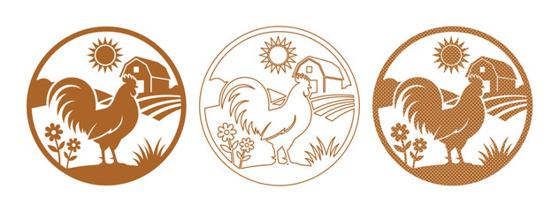 Vintage rooster farm logo set, rustic poultry emblems, brown barn and sun vector illustrations © ArsiStudio