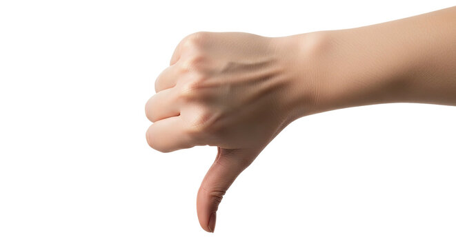 A human hand is shown giving a thumbs down gesture, signaling disapproval on white