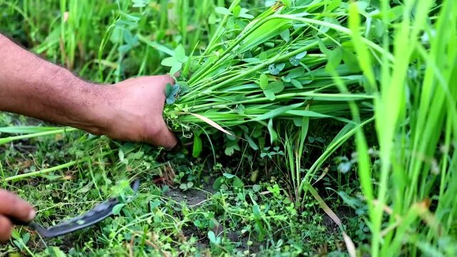 Slow Motion Macro Shot of Human hand pulling up green weeds and grass from a garden soil during daytime at 180 fps High quality footage