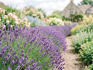 Obraz premium Lush purple heather flowers covering a grassy hillside landscape