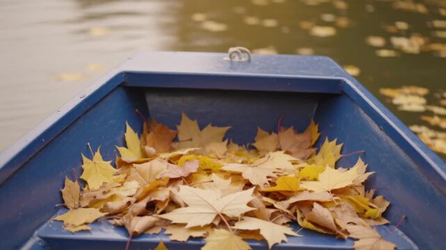 Autumn Boat Ride: Fall Leaves Fill Blue Boat on Water