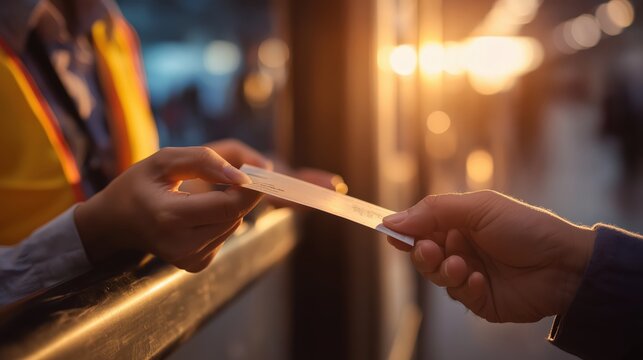 A person hands a ticket to another over a counter bathed in warm, golden light during a transaction or event check-in.