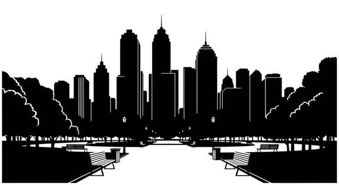 Black and White Vector Illustration of City Skyline and Public Park