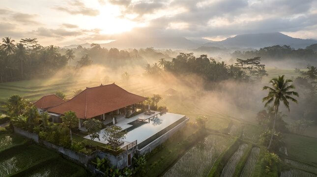 Aerial view at 6AM of a tropical villa amid rising morning mist over rice terraces, infinity pool merging into foggy valley, golden sunrise breaking.