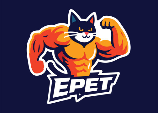 Stylized muscular cat flexing biceps with bold EPET text logo on dark blue background.