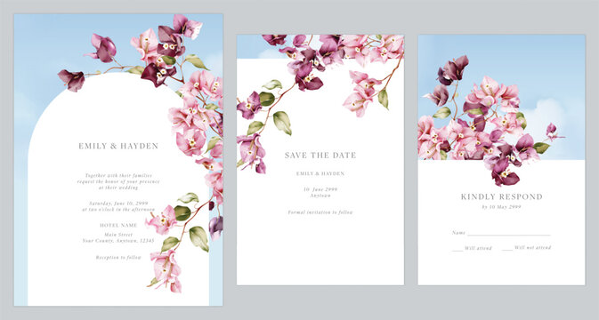 Wedding invitation suite featuring watercolor-style Bougainvillea flowers on a soft blue sky background