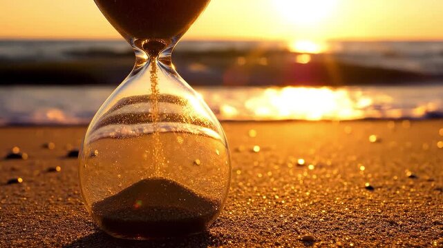 cinematic close-up of a glass hourglass placed on sandy beach during golden sunset, fine sand slowly falling inside, ocean waves softly moving in background, warm sunlight reflecting on glass surface