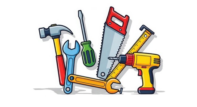 Cartoon construction tools collection, colorful handyman hardware equipment set, professional carpentry and repair tool kit illustration isolated on White Background