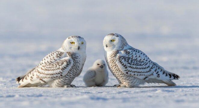Two adult owls flank a fluffy owlet on a snowy, sunlit expanse