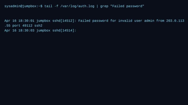 System administrator monitoring server authentication logs detecting live SSH brute force attacks and failed password attempts