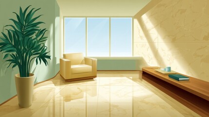 Fototapeta premium Bright and Modern Interior Design with Stylish Armchair, Potted Plant, and Elegant Wall in Sunlit Room with Scenic View and Soft Color Palette