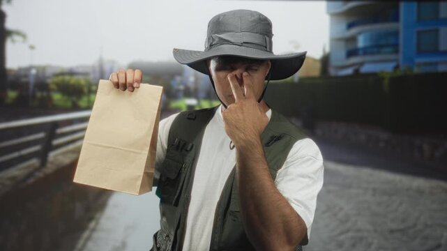 Man holding a brown paper bag and pointing finger on street, wearing explorer hat, white tshirt and green cargo vest while staring; suspicion.