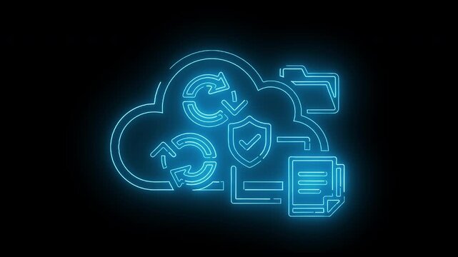 Neon-lit cloud computing icons with security symbols on a black background.