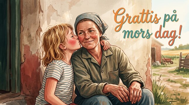 Grattis p&aring; mors dag Swedish greeting, child kissing mother, warm vintage style Mothers Day illustration