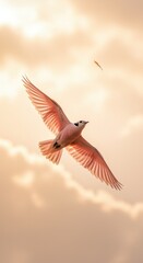 Fototapeta premium Graceful bird in flight soaring through golden sky with soft sunset light and copy space for funeral remembrance card, greeting card, or spiritual blog header