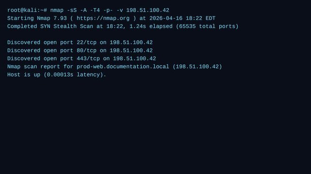 Network mapper security scanner running aggressive port scan discovering open vulnerabilities on remote server for penetration testing