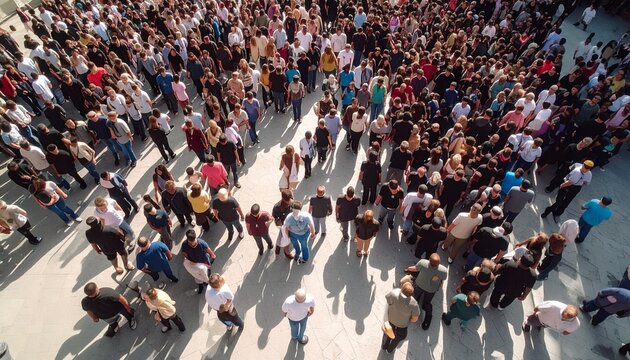 Aerial view of a large crowd of people gathered outdoors.