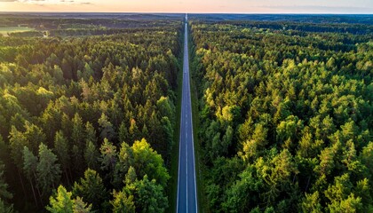 Fototapeta premium Aerial View of Road Cutting Through Dense Forest Canopy.
