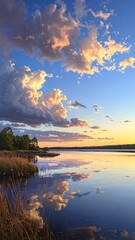 Fototapeta premium A serene lake scene at sunset with clouds reflected on water